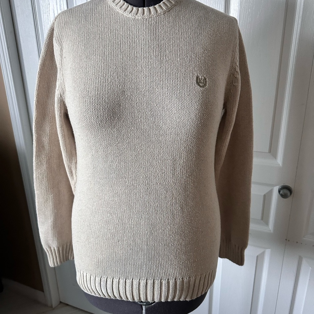 Vintage Chaps Varsity Sweater in light oatmeal with light green embroidery